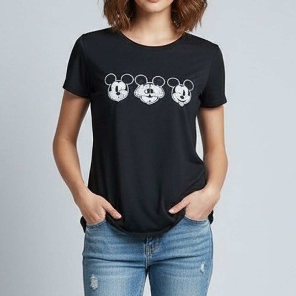Disney Mickey Mouse Women's Black T-Shirt Size L Graphic Tee‎ Three Faces